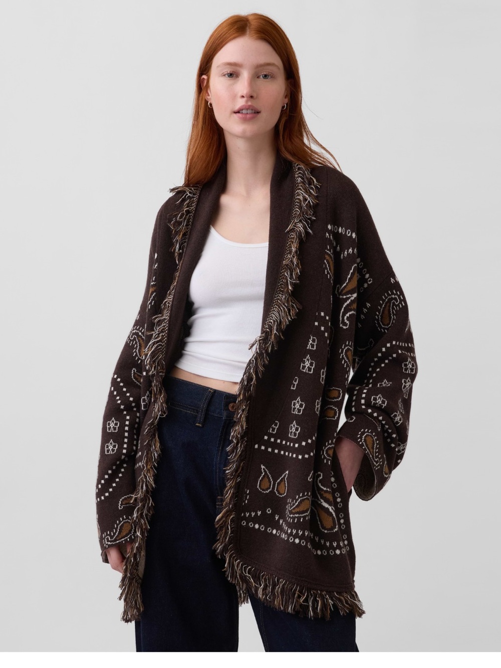 GAP Brown Paisley Cotton-Blend Fringe Shawl Cardigan